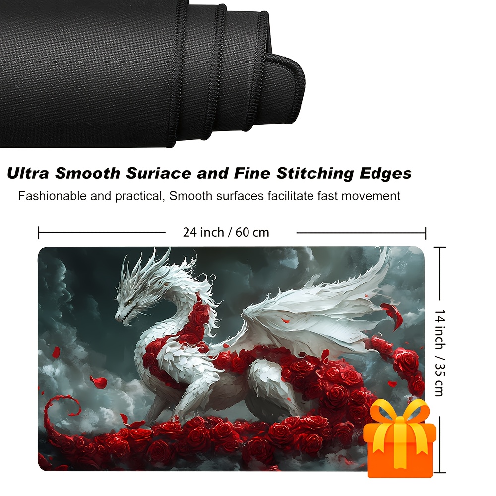 White Dragon Playmat with Red Roses, Gaming Mat
